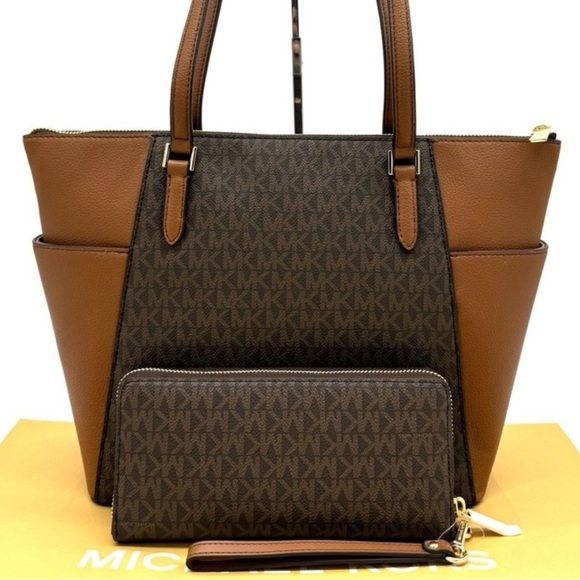 Michael Kors Large Charlotte Tote Bag & Continental Wallet Luggage Brown - Picture 5 of 13